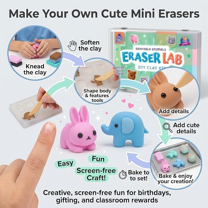 DIY Clay Cute Mini Eraser Kit for Kids - Birthday Gifts for 4 5 6 7 8 9 10 11 12 Girls & Boys - Students Desk Pet Animals Make Your Own Erasers Kit, Arts and Crafts for Kids Ages 8-12 4-8