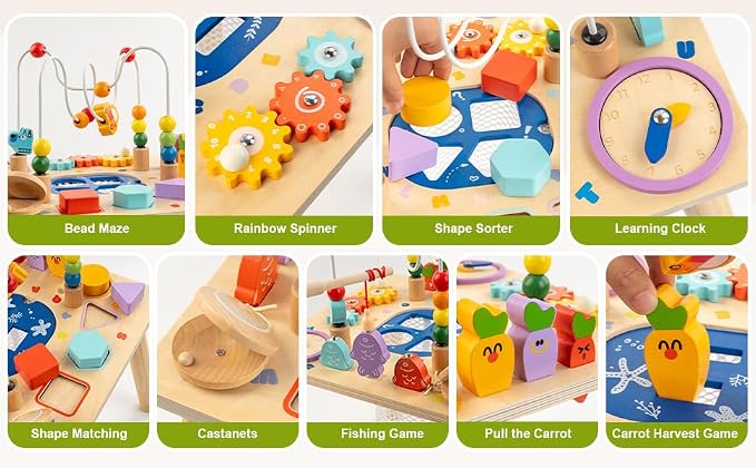 Baby Activity Table for 1 Year Old, Wooden Sensory Table Activity Center with Bead Maze with Shape Sorter Fishing Game, 8 in 1 Learning Toys for Baby 12+ Months Boys Girls Gifts