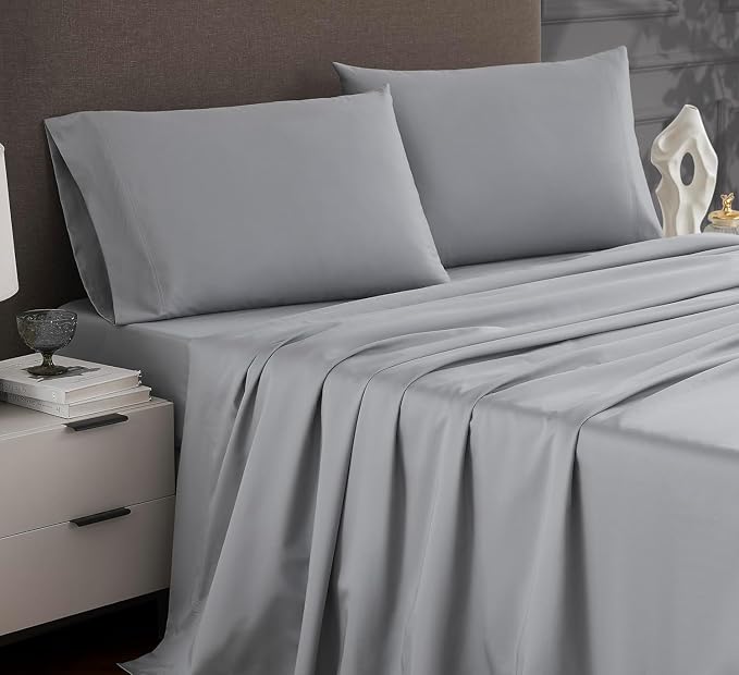 Linen Closet Luxury 1200 Thread Count Queen Sheet Set, 4 Pcs, Cotton Rich, Soft Silver, Soft, Durable & Wrinkle Resistant Sateen Sheets, Includes 16" Deep Pocket Fitted Sheet, Home & Hotel Essentials