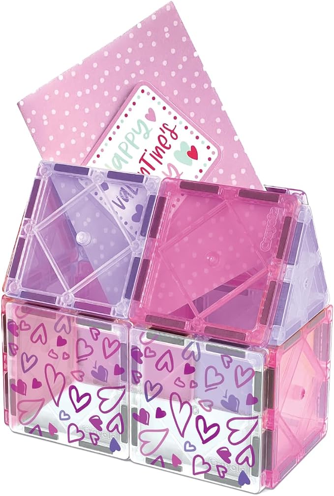 CreateOn Crayola Magnetic Tiles, Building Set for Kids, Magnetic Blocks, Travel Toys, Classroom Sensory Toys, STEM & Montessori Tools for Boys & Girls Ages 3+, 14-Piece Set (Valentines Day)