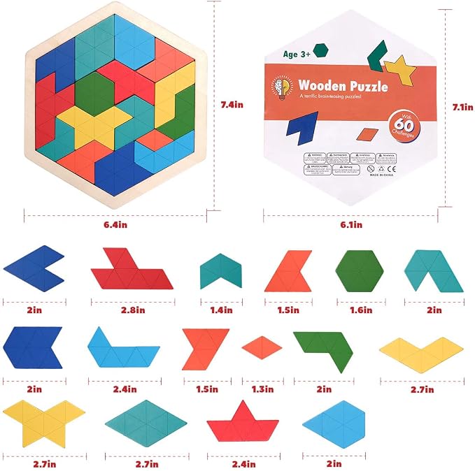 Vanmor Wooden Tangram Puzzle Brain Teaser for Kids Ages 3-8 & Adults, Shape Pattern Block Geometric Logic IQ Game with 60 Challenges, Montessori STEM Educational Gift Toy