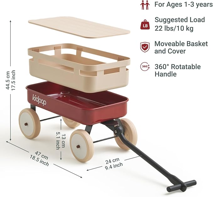 Kidpop Kids First Pull-Along Wagon with Removable Cover and Basket for Storage, 4-in-1 Push Pull Toy Cart for Toddlers, Lightweight (5.5 lbs), 1st Birthday Gift (Red)