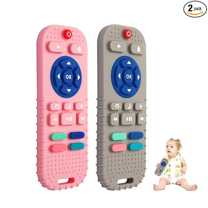 Hooku 2 Pack Silicone Teething Toys for Babies 0-6 Months, Teethers for Babies 6-12 Months, Remote Teether for Baby, Sensory Toys for Babies, Baby Chew Toys
