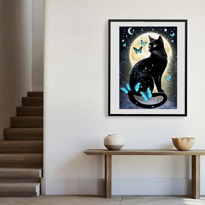 RYMILIE Cat Diamond Art Kits for Adults-Full Moon Diamond Painting Kits for Adults Beginners, 5D DIY Full Drill Round Rhinestone Gem Art Crafts Paintings for Home Wall Decor 12"x16"