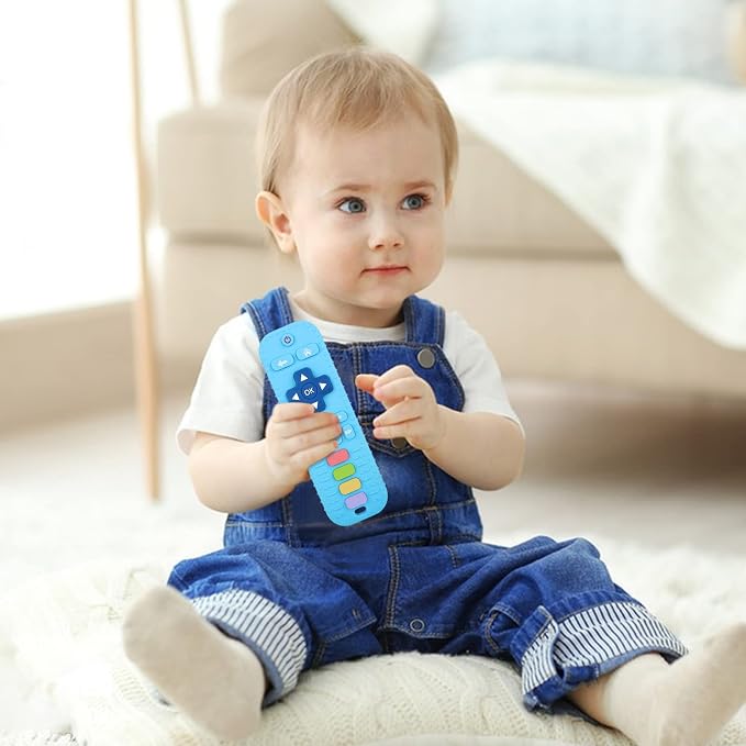 Fu Store Silicone Teething Toys for 0-12 Months 3-24 Months Infant Toddlers Remote Control Shape Teethers for Babies Chew Toys Relief Soothe Babies Gums Set Dishwasher and Refrigerator Safe Blue
