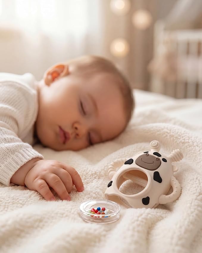 Bakpoco Baby Teether Toys for Babies 3 Months+, Easy-Grip Silicone Hand Teether with Sensory Rattle, Multi-Texture Infant Toy, Wrist Design Helps Reduce Drops, Cow