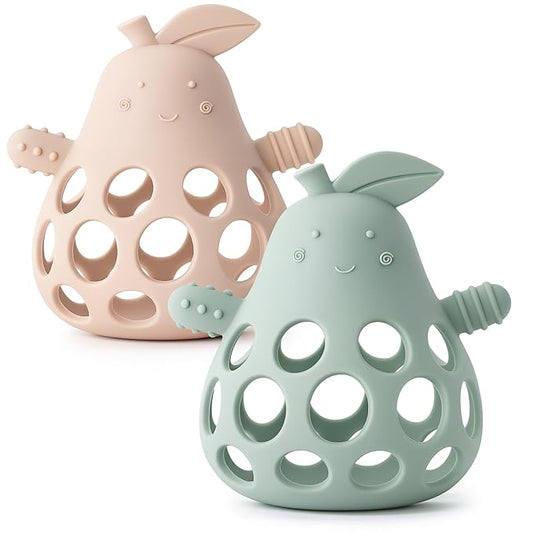 Baby Teething Toy Silicone Teether for Infants, Pear-Shaped Design with Easy-Grip Hole and Nipple-Shaped Ends for Gum Massage & Sensory Development, BPA-Free Safe Baby Chew Toy YIVEKO-Ivory+Sage