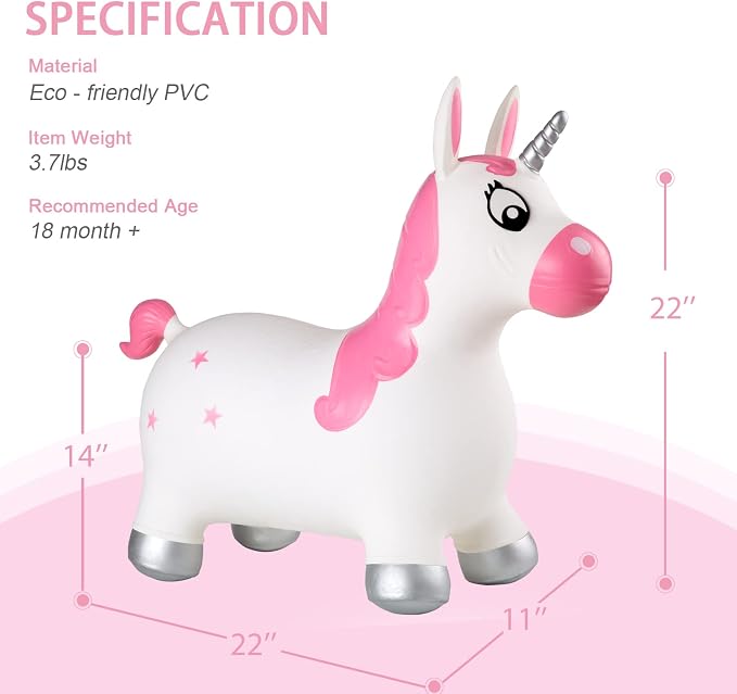 INPANY Pink Bouncy Unicorn Hopper, Horse Hopper, Bouncy Inflatable Animal Ride-on Toy for Children, Boys and Girls, Toddlers (Pump Included)