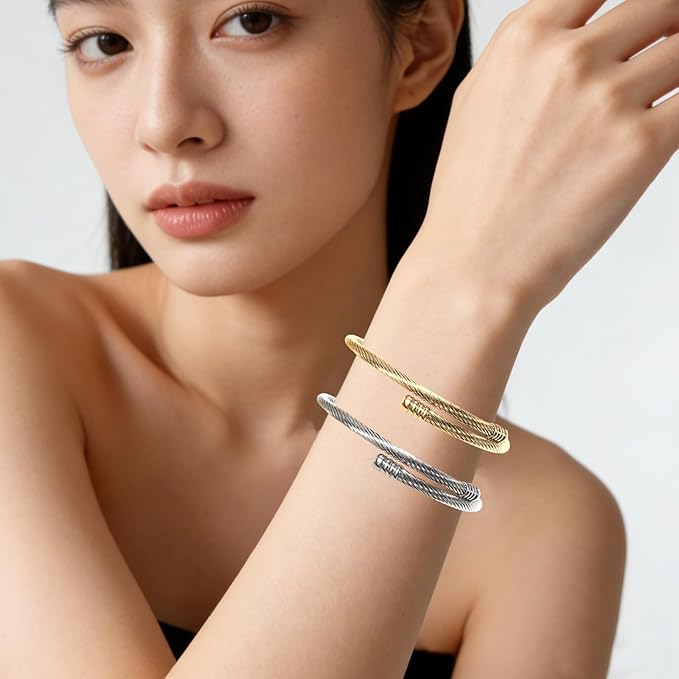 Exway 10 Pcs Elastic charm Bracelet chain Stainless Steel Cable Wire Twisted Cuff Bangle Bracelet Gold And Sliver charm Bracelets Kit for Crafts DIY Women Jewelry Making