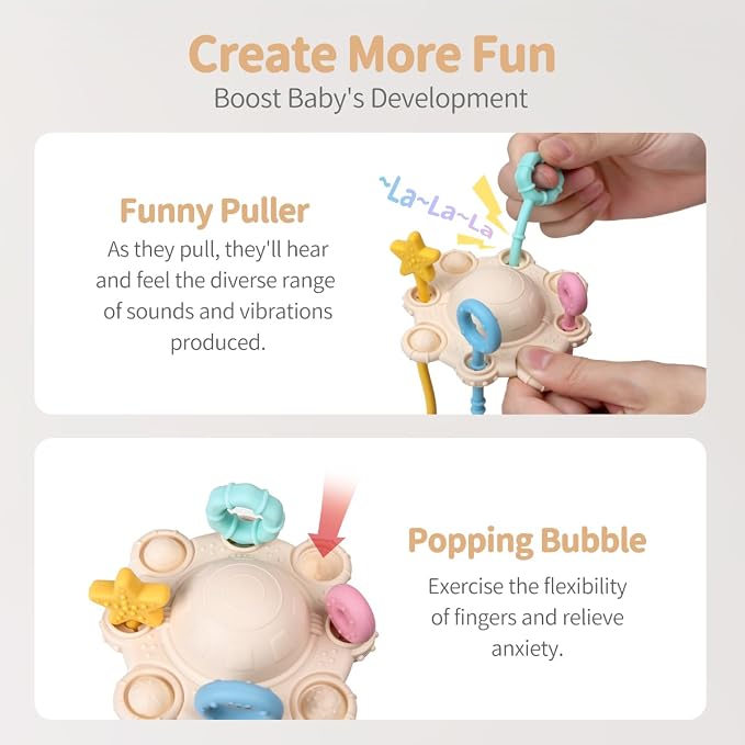 Montessori Pull String Toy Silicone Travel Toy | Food Grade Silicone Early Development Toy, Fine Motor Skills Sensory Toys, Montesorri Gifts (Cream Color)