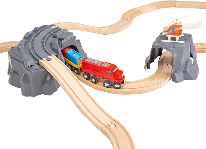 Wooden Train Set Kids Lift & Load Magnetic Crane Helicopter Semi Truck Shipping Containers Diesel Engine STEM Construction Playset Compatible with Thomas Brio Wooden Railway Toy for Toddlers Starter