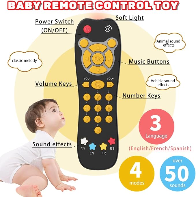 Baby Phone TV Remote Toy Set, Bilingual Play Phones Toy Remote for Baby with Music Light for 6+ Months, Early Learning Baby Toys Gift for 1 Year Old Boys Girls Toddler Infant, English/Spanish, Orange