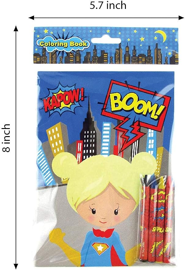 TINYMILLS Superhero Coloring Books for Kids – 12 Coloring Books with 48 Crayons, Superhero Party Favors, Classroom Rewards, Favor Bag Fillers, Superhero Birthday Party Supplies