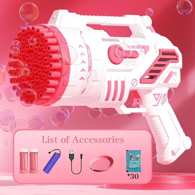 Bubble Gun for Kids, 69-Hole Bubble Blaster with LED Lights, Pink | 69-hole bubble machine gun for kids ages 4-8, with LED lights for summer, birthday, party and outdoor play.