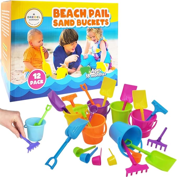 The Dreidel Company Mini Beach Playsets 24-Pack, Play Set Includes 1 Sand Bucket, 1 Shovel, 1 Rake, and 1 Scoop, Birthday Treats for Boys and Girls, Party Favors for Kids and Toddlers