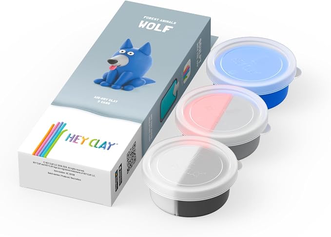 HEY CLAY Forest Animals - Claymate Wolf - Air Dry Clay Kit 3 cans and Sculpting Tools with Fun Interactive Instructions App