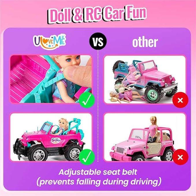 ULOVEME Purple Je ep Remote Control Car for Girls with 5.5" Doll & LED Lights, 2.4GHz Off-Road Trucks, 1:16 Scale Remote-Control Toy Car Holds 2 Dolls (Purple Car)