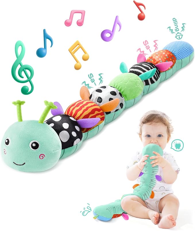 AWOTOY Baby Toys 6-12 Months Music Caterpillar,Stuffed Animals Infant Toys 0-3-6 Months,Baby Sensory Toys Tummy Time with Crinkle Rattle Teething Toys for Newborn Boys Girls Gifts Birthday|Ice Blue