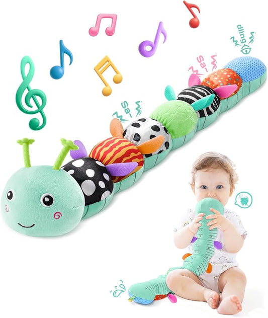 AWOTOY Baby Toys 6-12 Months Music Caterpillar,Stuffed Animals Infant Toys 0-3-6 Months,Baby Sensory Toys Tummy Time with Crinkle Rattle Teething Toys for Newborn Boys Girls Gifts Birthday|Ice Blue