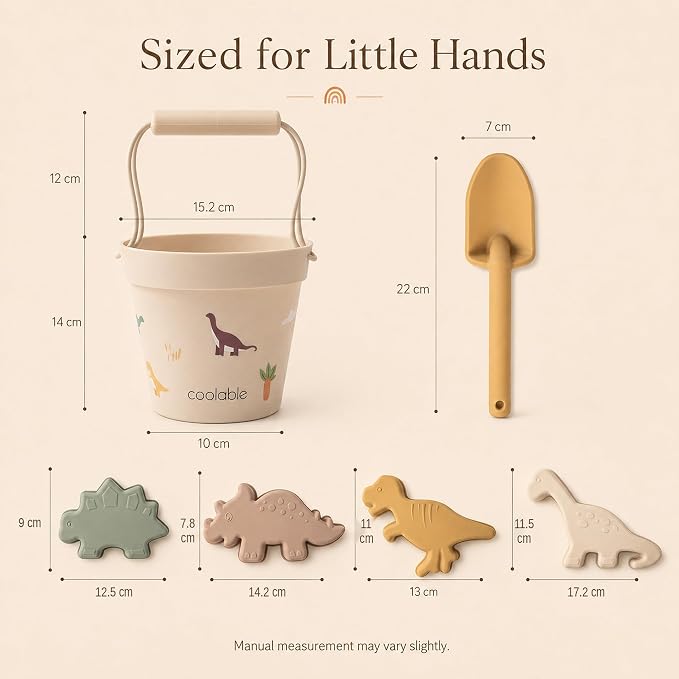6-Piece Silicone Beach Toys Set for Kids - Foldable Sand Bucket, Shovel, 4 Sand Molds and Mesh Bag - Dinosaur World