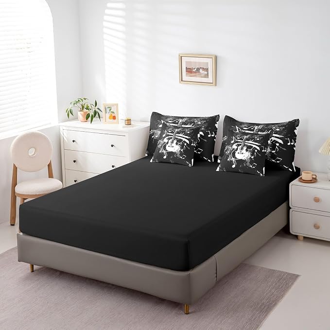 Feelyou Guitar Comforter Set with Sheets Twin Size Rock Music Bed in a Bag for Boys Girls Teens Black 7 Pieces Bedding Set Soft Lightweight Microfiber