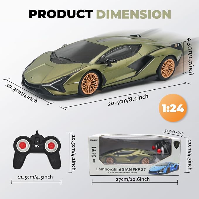 QUN XING Remote Control Car 1:24 Officially Licensed 2.4GHZ Rc Cars Lambo Sport Racing Toy Car for Kids Boys 4-7 Years Birthday Gift, Green