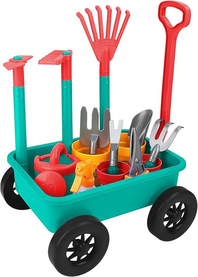 deAO Kids Garden Wagon Wheelbarrow and Gardening Tools Play Set Includes 10 Accessories and 4 Plant Pots,Great Outdoor Toddler Toys Kids Gardening Set