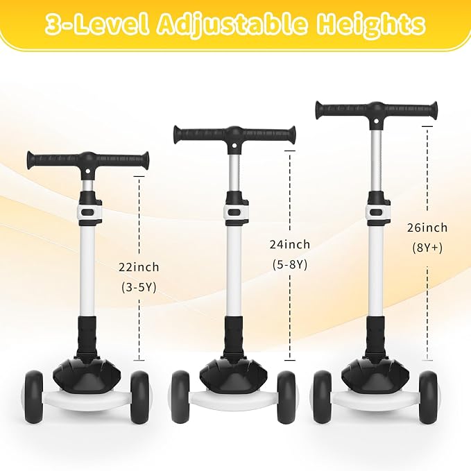 SIMATE 3 Wheel Kick Scooter for Kids Ages 3-12, Light Up Wheels & 3 Adjustable Height Handlebars, Lean-to-Steer & Widen Anti-Slip Deck, Boys & Girls Gift