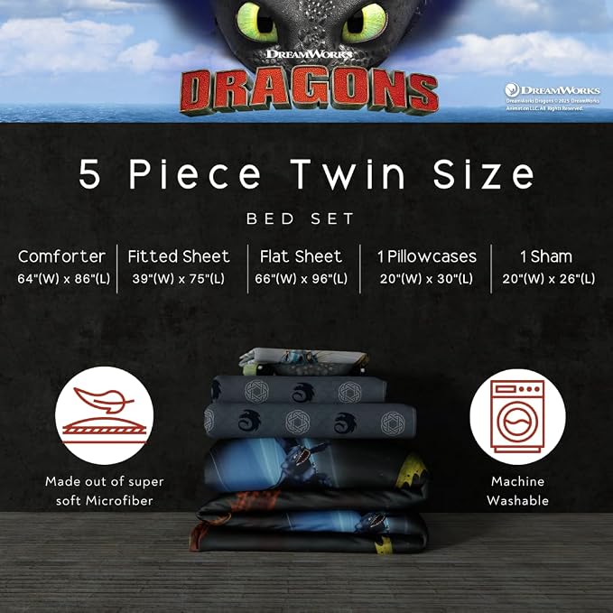 How to Train Your Dragon Kids Bedding Super Soft & Cozy Reversible Microfiber Comforter and Sheet Set with Sham, 5 Piece Twin Size, (Officially Licensed Product) By Franco
