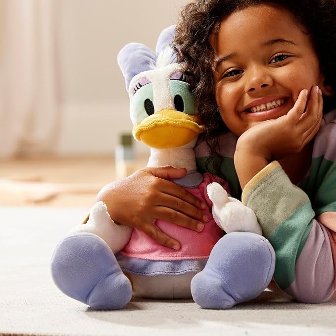 Disney Store Official Daisy Duck Medium Soft Toy for Kids, Cuddly Character with Fuzzy Texture and Embroidered Details in Pink and Purple Dress, Disney Plushy Suitable for All Ages