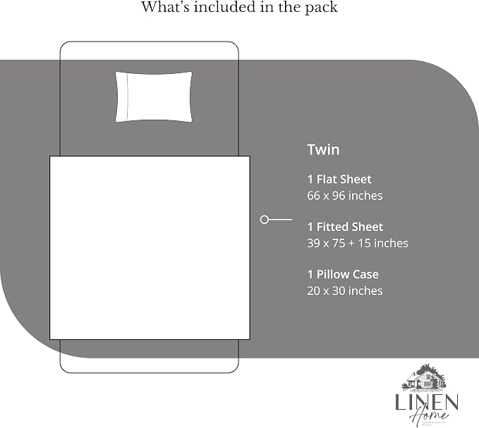Linen Home 100% Cotton Percale Sheets Twin Size, Smoky Charcoal, Deep Pocket, 3 Pieces Set - 1 Flat, 1 Deep Pocket Fitted Sheet and 1 Pillowcase, Crisp Cool and Strong Bed Linen