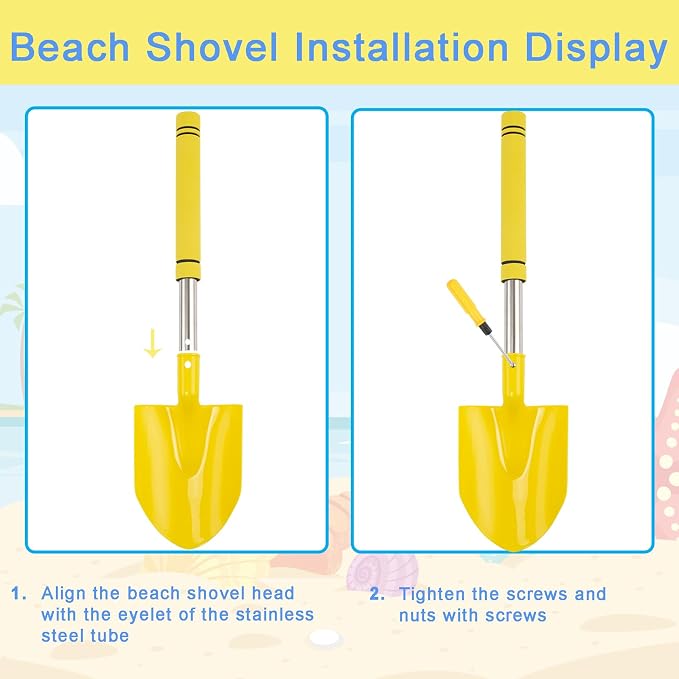 Beach Shovels Long Handle for Kids,3PC 24Inch Beach Sand Shovels Toys for Digging Heavy Duty Stainless Steels with Yellow Soft Spone Sturdy Scoop Seaside Kids Tool Lightweight Gift Set