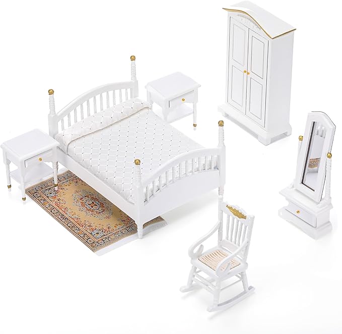 Skylety 7 Pcs Wooden Dollhouse Furniture Set 1: 12 Scale Victorian Dollhouse Bedroom Furniture, Bed Dressing Table Wardrobe Carpet for Adults Toys Miniature Doll House Accessories(White,Vintage)