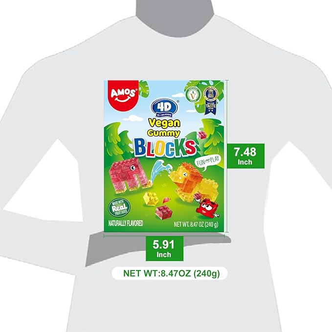 AMOS 4D Vegan Gummy Blocks Candy – Assorted Fruit Flavors, Made with Real Juice, Fun-to-Build Edible Blocks, Fat-Free, (8.47 oz Pack of 1)