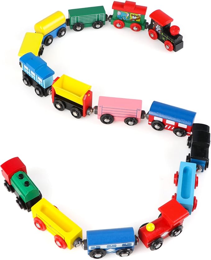 31 PCS Wooden Train Cars - Magnetic Train Set Includes 15 Cars, 10 Bonus Connectors & Storage Bag, Wooden Train Set Toy Train for Kids Toddlers, Compatible with Major Brands Train Tracks Set