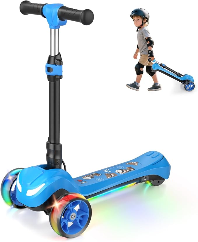 Electric Scooter for Kids Ages 3-8, 3 Wheels Electric Scooter, Electric Kick Scooter with 2 Speeds, Long Battery Life, Flashing LED Wheels, Adjustable Height, B2 with Bluetooth Music for Boys/Girls