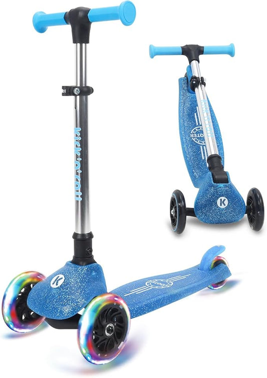 Kicknroll Kids Scooter Light Up 3 Wheel Toddler Kick Scooters with Jelly Glitter Anti-Slip Deck and LED Wheels, 4 Adjustable Heights, Foldable, Lean-to-Steer Design for Girls & Boys 3-12 Max 110 Lbs