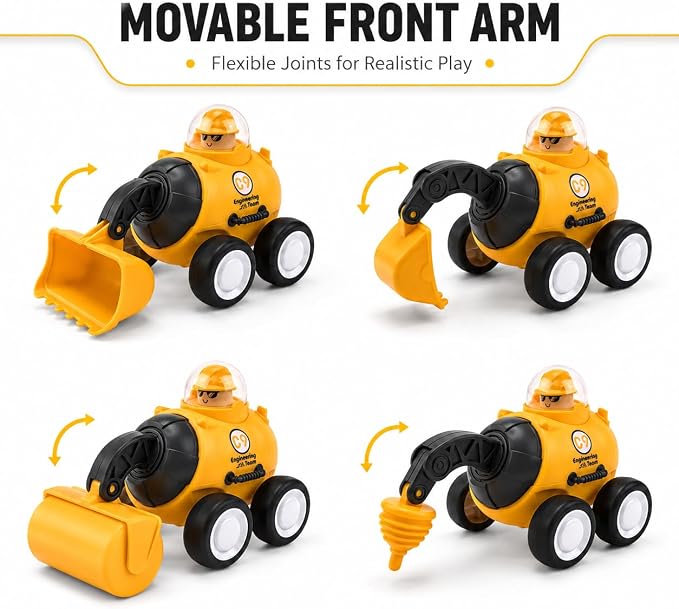 Press and Go Construction Truck Toys, 4 Pack Vehicles for Toddlers | Includes 4 yellow construction vehicles; movable front arm; for sandbox, floor play, and gift moments.