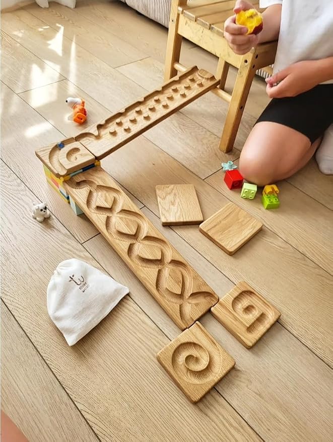 Wooden Marble Run Track Montessori STEM Toy for Kids Race Machine & Maze Board Educational Wooden Roller Track Game Set of 3 Run Gift for Children