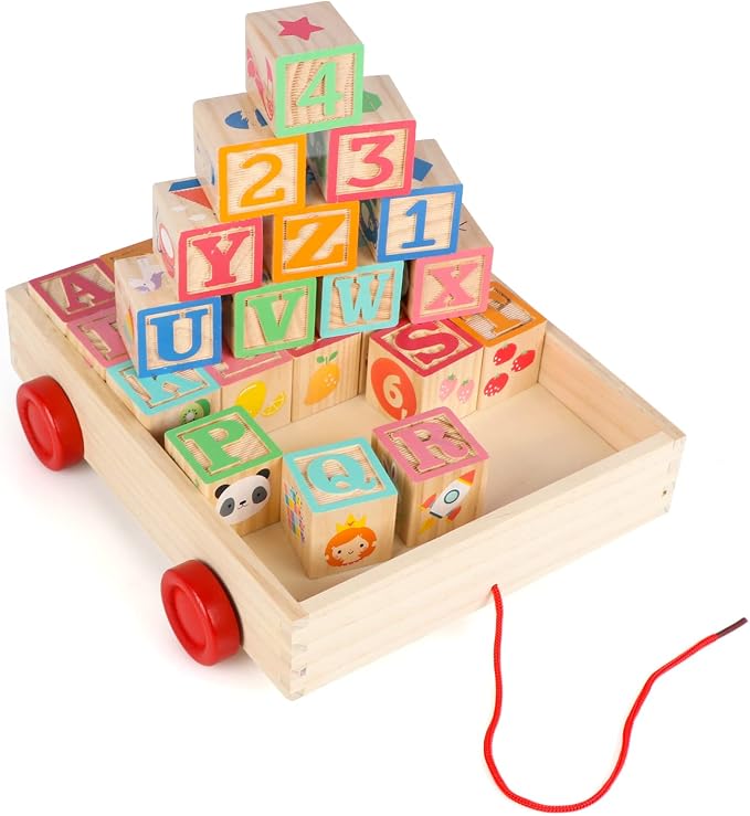 Wooden Building Blocks for Toddlers, Large Wood Baby Stacking Blocks Set for Kids, 30 PCS Alphabet Blocks with Toy Wagon, Educational Wooden Toys for Boys Girls Gifts 1.65"