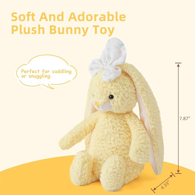 Bunny Stuffed Animal Soft Rabbit Cuddly Toy 8'' Long - Eared Plush Bunny with White Bow Plush Toys for Babies and Toddlers