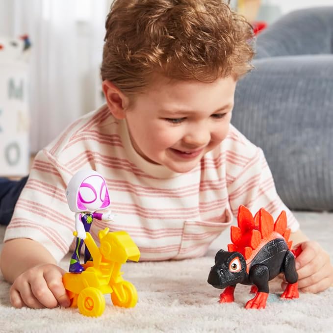 Marvel Spidey and His Amazing Friends Dino-Webs Dino Spin & Ghost-Spider 4-inch-Scale (10cm) Spider-Man Action Figure Set, Toys for Kids Ages 3 and Up