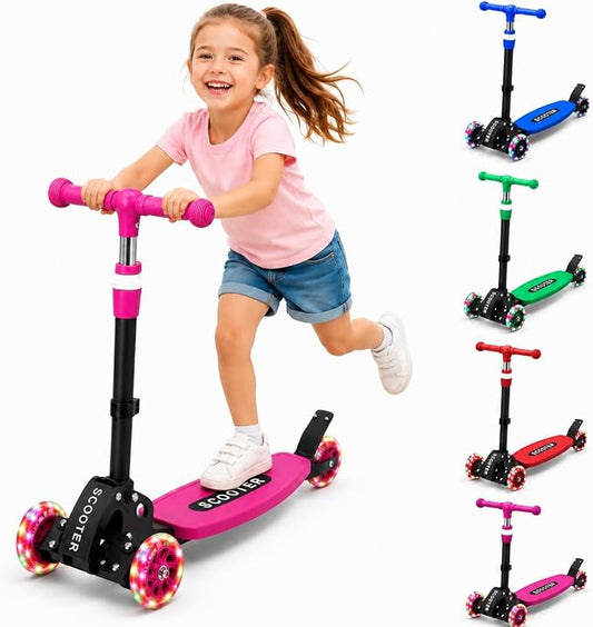 Kids Kick Scooter, Kick Scooter for Kids 2-7 Age, Light up 3 Wheels Kick Scooter, Heavy Duty Folding Lean-to-Steer Scooters with 3 Adjustable Handlebar for Boys Girls Blue