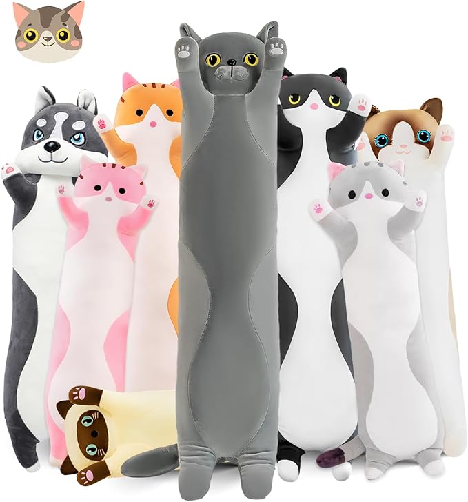 Long Cat Plush Pillow, 27.6in Cute Gray Cat Plushie Stuffed Animals Body Pillow, Kawaii Kitten Soft Plushie Doll Toy Birthday Gift for Children Girlfriend
