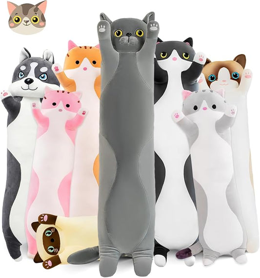 Long Cat Plush Pillow, 27.6in Cute Gray Cat Plushie Stuffed Animals Body Pillow, Kawaii Kitten Soft Plushie Doll Toy Birthday Gift for Children Girlfriend