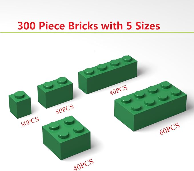 300Pcs Building Brick Bulk, Green Bulk Bricks with 5 Sizes, Compatible with Lego and Parts and Pieces, Creative Building Block Toys for Boys Girls Ages 6 7 8 9 10 Years Old