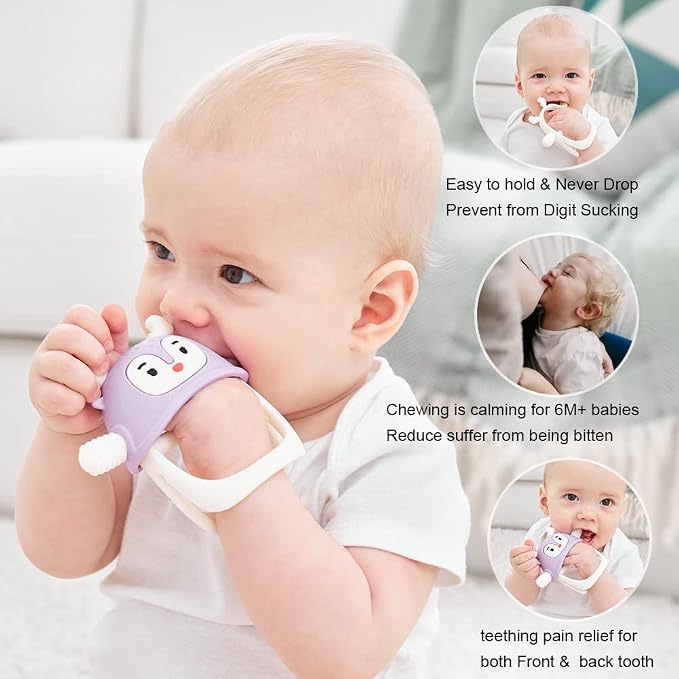 Smily Mia Reindeer Hand Teether for 3-6Months, Baby Chew Toys/Teething Toys for 6-12Months, BPA Free Silicone Teething Mittens/Toothbrush for Teething Relief, Purple-Purple
