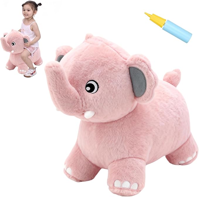 INPANY Bouncy Horse, Elephant Hopper Toys, Toddler Plush Bouncing Animal, Kids Inflatable Ride on Rubber Bouncer, Outdoor Birthday Gift for 2 3 4 Yr Boy Girl, Pink