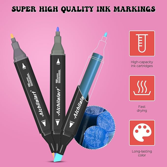 alchilalart 120 Colors Alcohol Markers Set, Dual Tip Art Markers with Case, Premium Artist Pens for Adult Coloring Books, Journaling, Sketching, Manga, Card Making, Gifts for Kids Teens & Women