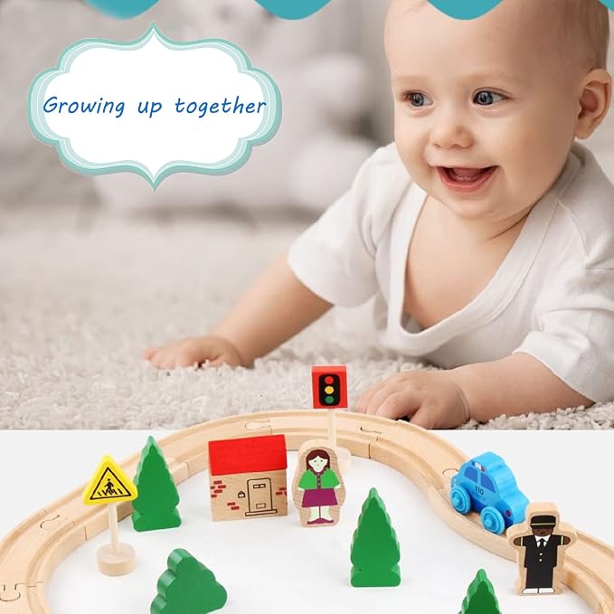 Wooden Train Tracks Toys for Toddler, 33 Pieces Magnetic Train with Wooden Tracks Fits for Thomas, Brio, Chuggington, Melissa and Doug, Rail Set Toy Gifts for 3 4 5 Years Old Girls & Boys